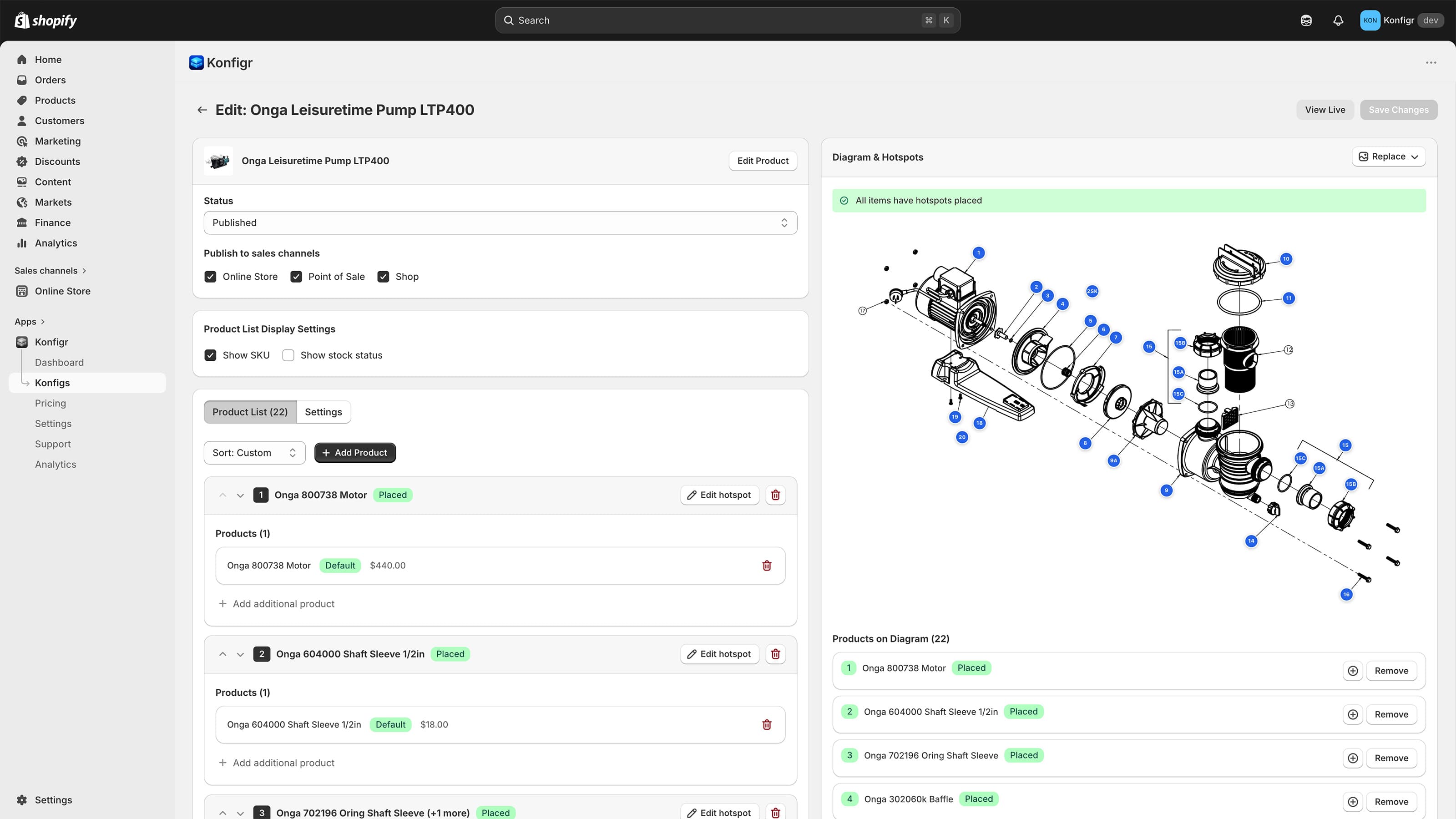 Konfigr editor showing a configured parts diagram