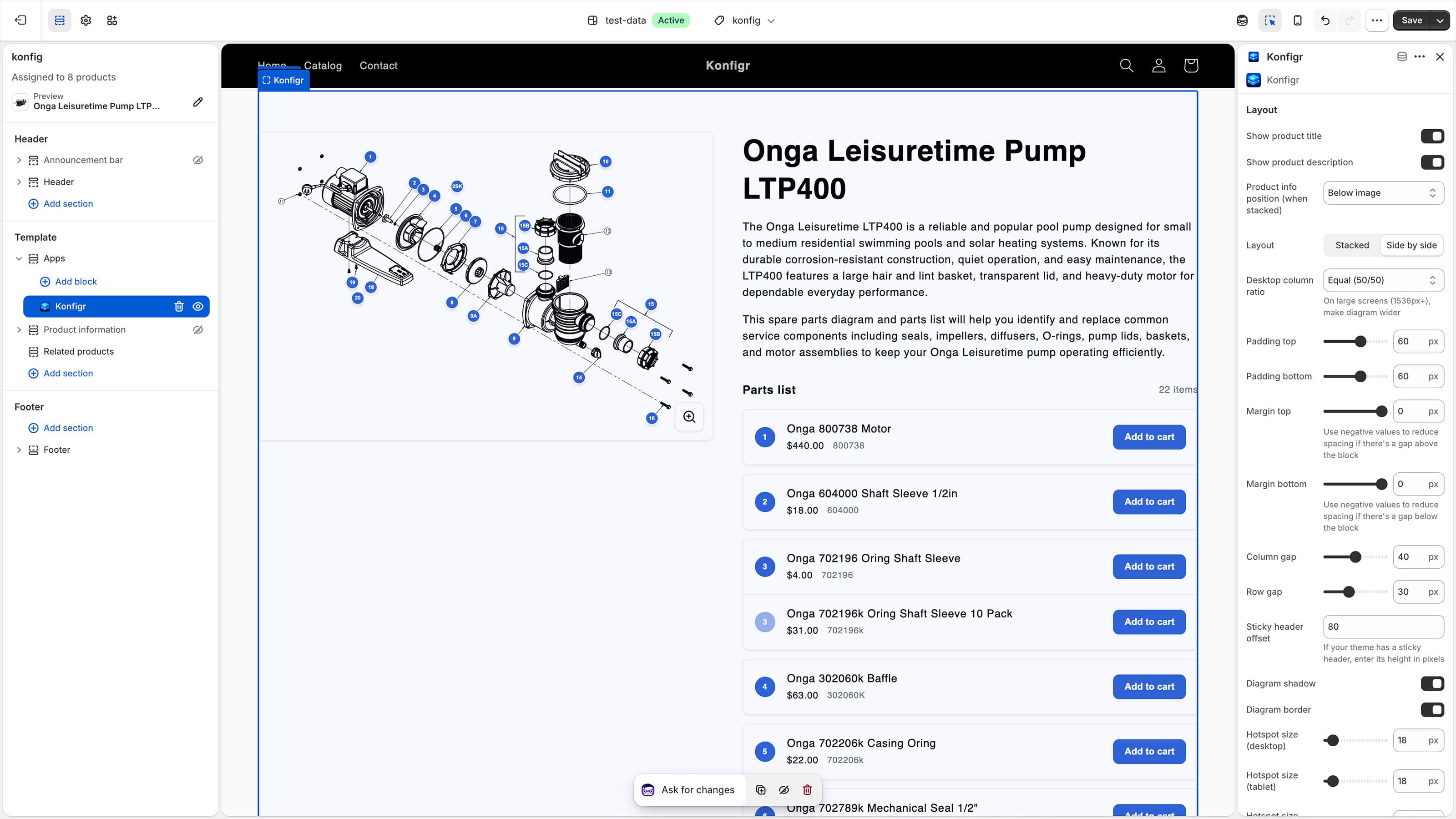 Konfigr app block in the theme editor